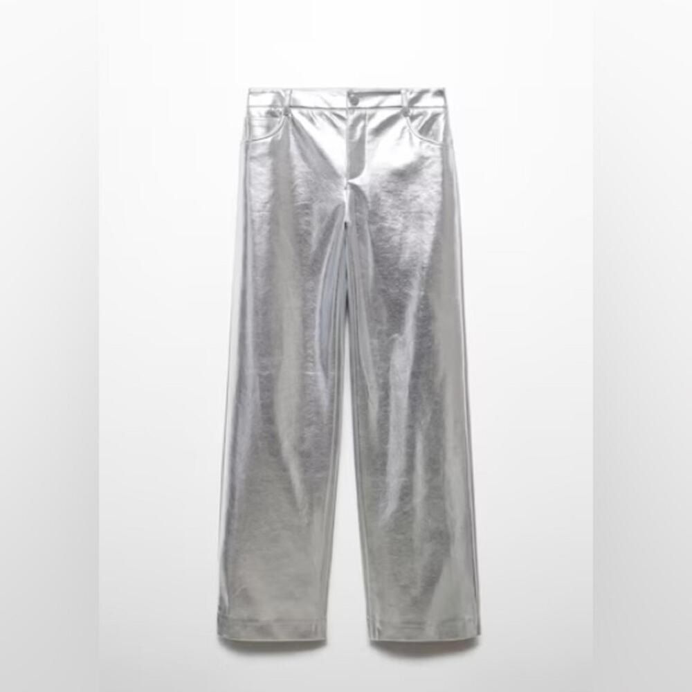 NWT MNG by MANGO SZ 4 Rave Metallic Mid Rise Silver Faux Leather Wide Leg Pants - Picture 7 of 7